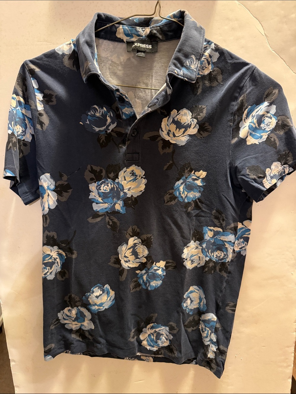 Express Men’s Navy Floral Polo with Blue & White Roses